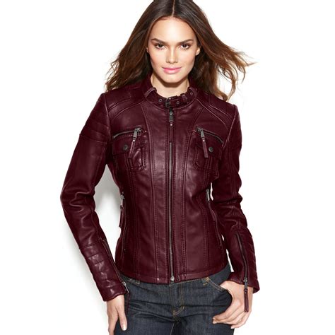 michael kors leather jacket red|Michael Kors leather motorcycle jacket.